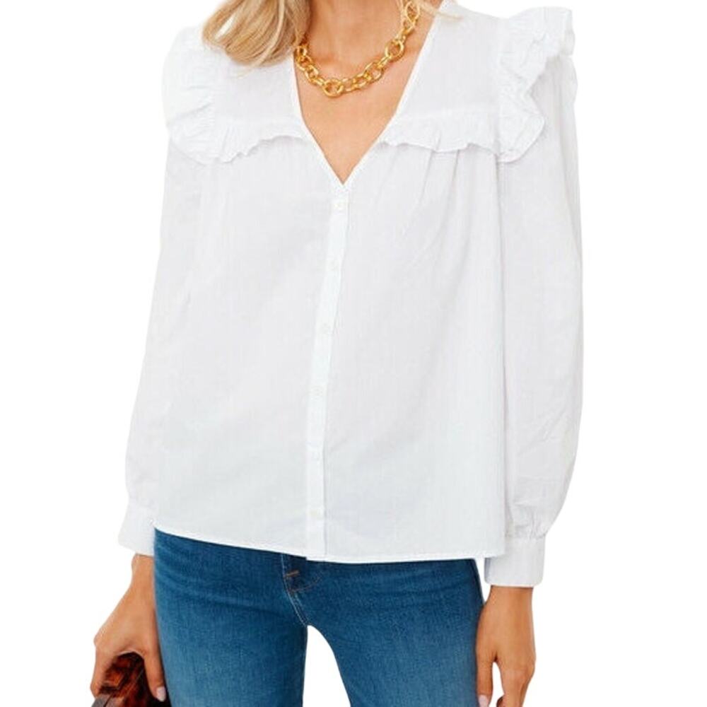 Pomander Place Tuckernuck Women's White Eilliana‎ Ruffle Blouse Size Small